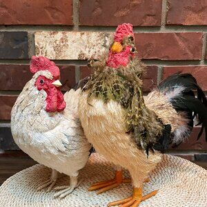 Handcrafted Feathered Corn Husk Chickens (Rooster and Hen) Rustic Farm Decor